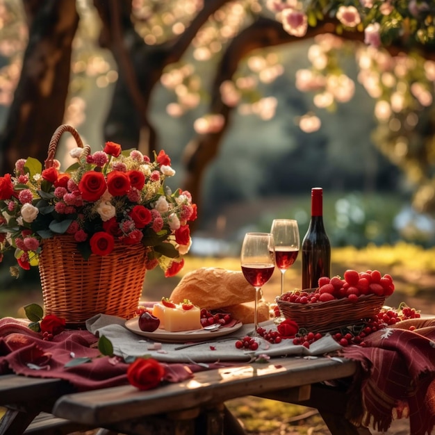 Organizzazione romantica Picnic di San Valentino all'aperto con vino e rose per i social media