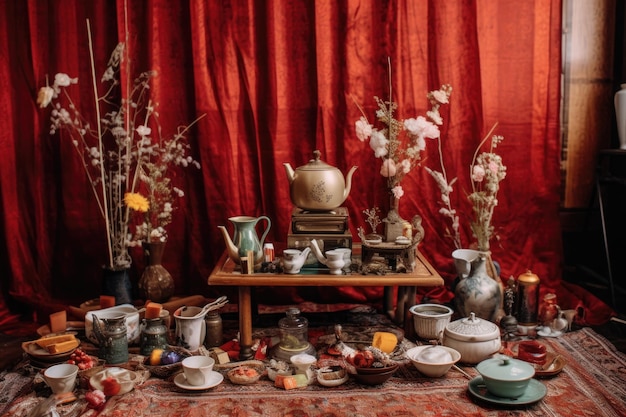 Organizzazione tradizionale della cerimonia del tè con teiera e tazze create con ai generativi