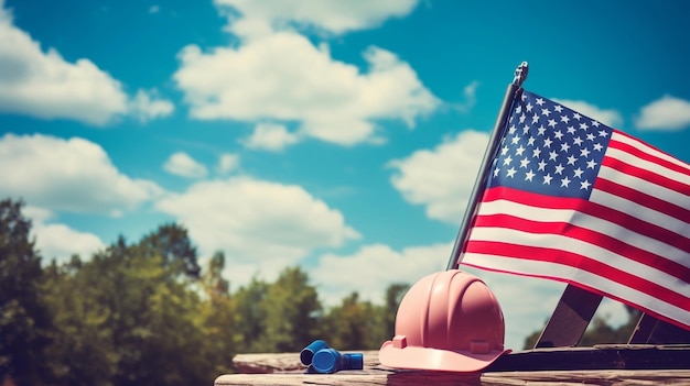 Orgoglio patriottico e bandiera americana del lavoro e strumenti di lavoro su legno consumato