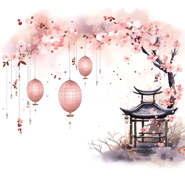 Oriental Starry Night Garden Cherry Blossom Tre Tradizione Acquarello accogliente della natura Decorativo