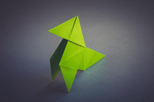 Origami di gallina di carta verde isolato su sfondo grigio