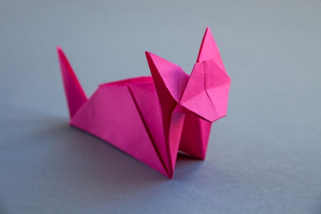 Origami di gatto di carta rosa isolato su sfondo grigio