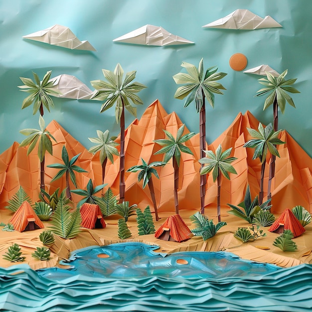 Origami Scena dell'oasi del deserto del Sahara