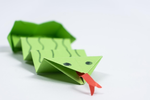 Origami serpente verde fai da te mestieri di carta sfondo bianco