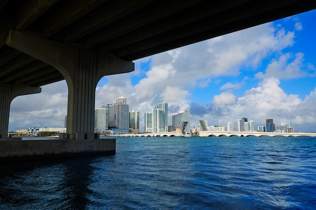 Orizzonte del centro di Miami sotto il ponte Florida