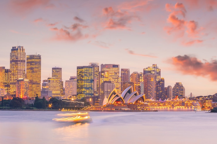 Foto orizzonte del centro di sydney in australia dalla vista dall'alto al tramonto