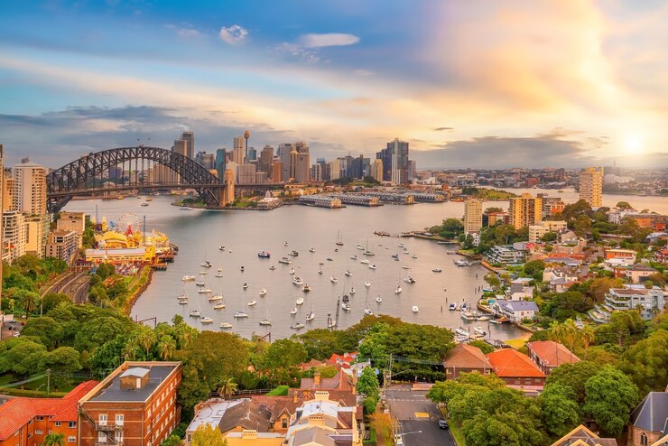 Foto orizzonte del centro di sydney in australia dalla vista dall'alto al tramonto