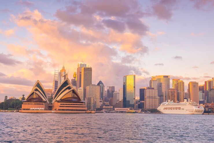 Foto orizzonte del centro di sydney in australia dalla vista dall'alto al tramonto