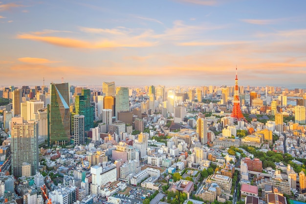 Orizzonte di Tokyo con la Torre di Tokyo al crepuscolo in Giappone