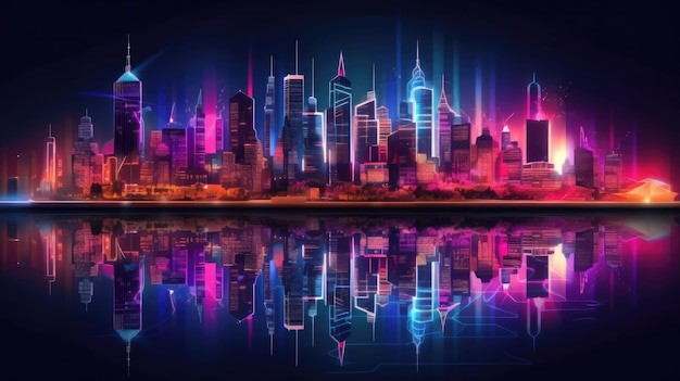 Orizzonte urbano colorato al neon di notte IA generativa
