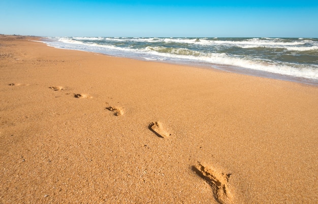 Orme sulla sabbia bagnata che conduce alle onde del mare in una soleggiata giornata estiva calda. Il concetto della tanto attesa vacanza e vacanza al mare. Copyspace