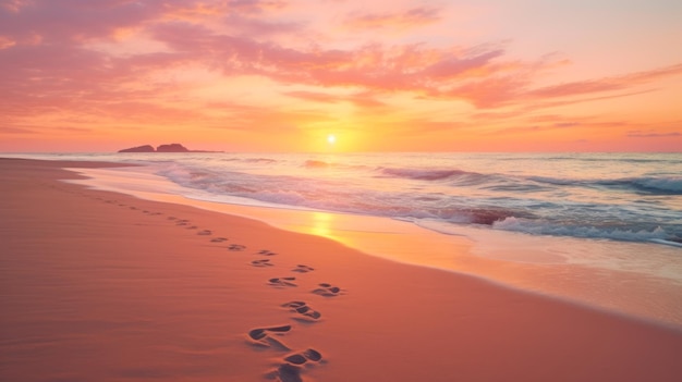 orme sulla spiaggia sabbiosa di estate di sera dell'oceano cielo di tramonto generativo ai