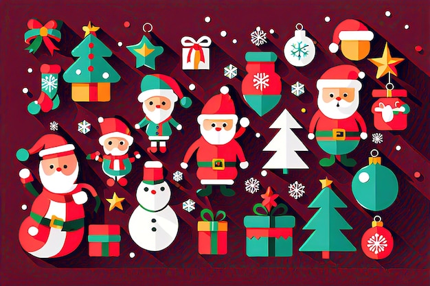 Ornamenti di design piatto di Natale elementi sullo sfondo albero di Natale e Capodanno ai generati