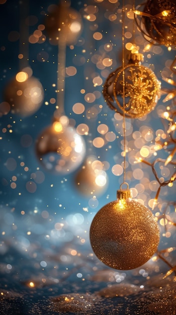 Ornamenti di Natale appesi su uno sfondo blu con un effetto bokeh sfocato