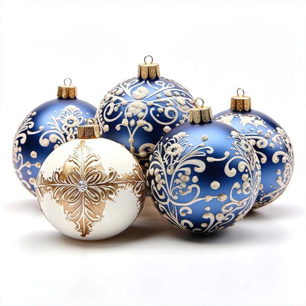 Ornamenti di Natale blu e bianchi su sfondo bianco isolato