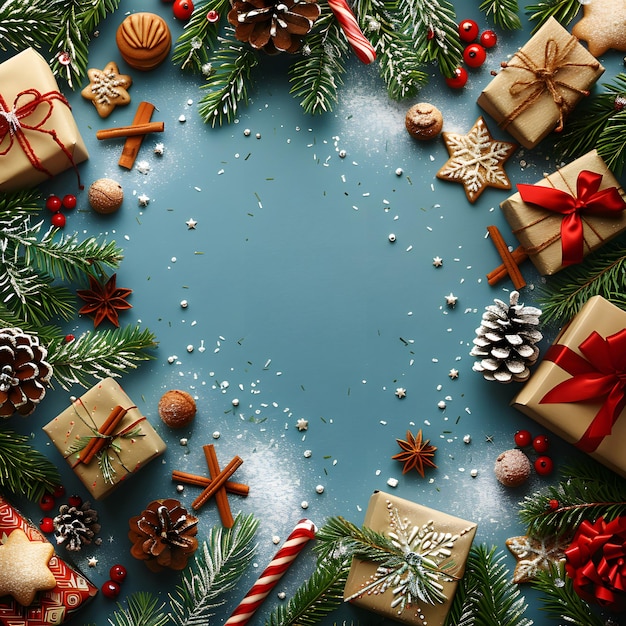 Ornamenti di Natale disposti in cerchio su sfondo blu