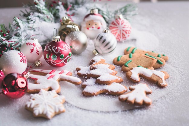 Ornamenti di Natale e biscotti di pan di zenzero con neve