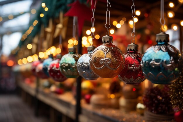Ornamenti di Natale in oro, argento, blu e rosso appesi illuminati per un'atmosfera festiva Venditore di strada