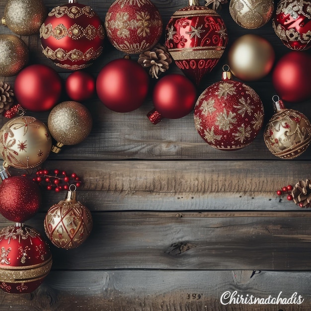 Ornamenti di Natale rossi e dorati su uno sfondo di legno