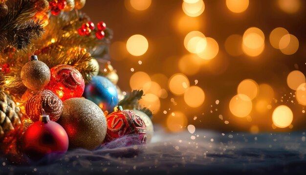 Ornamenti di Natale su sfondo Bokeh sfocato AI generativa