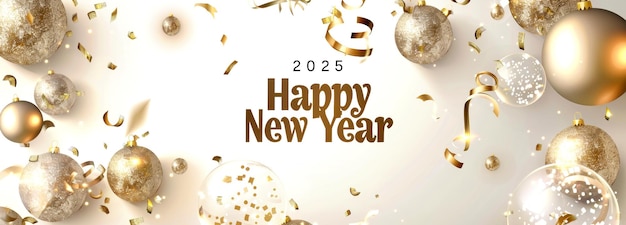 Ornamenti dorati, confetti e nastri ruotano attorno al saluto di Buon anno su uno sfondo bianco