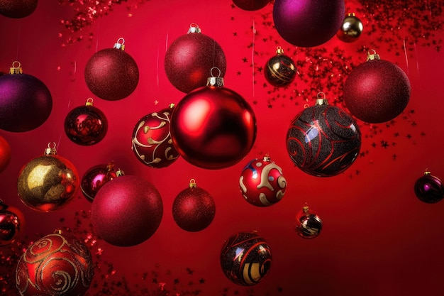 Ornamenti festivi di Natale su sfondo rosso