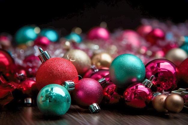 Ornamenti natalizi colorati su fondo in legno Messa a fuoco selettiva IA generativa