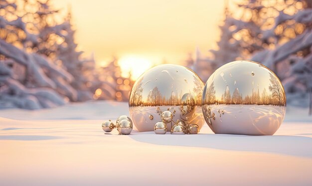 ornamenti natalizi dorati nella neve nello stile di paesaggi realistici con morbidezza