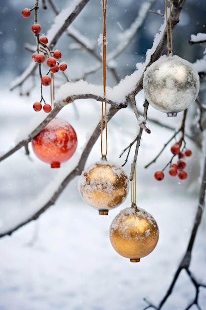 Ornamenti natalizi vintage su un ramo innevato creato con l'IA generativa