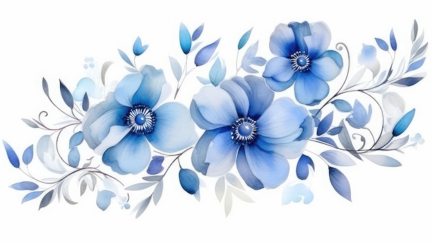 Ornamento blu ad acquerello di pittura floreale per il modello di invito al matrimonio