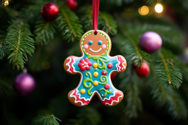 Ornamento dell'albero di Natale a forma di uomo di pan di zenzero con decorazioni colorate Illustrazione generativa di IA