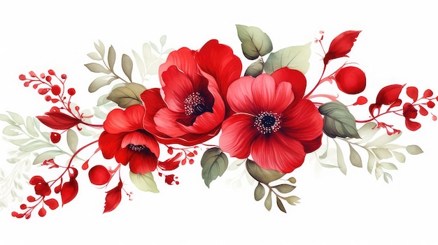 Ornamento di pittura rossa ad acquerello di fiori per il modello di invito al matrimonio