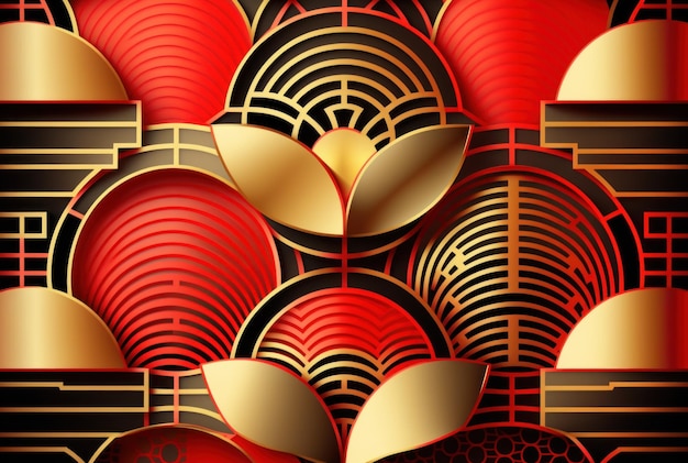 Ornamento festivo 3d in stile tradizionale geometrico orientale rosso e oro per la decorazione lunare del capodanno cinese
