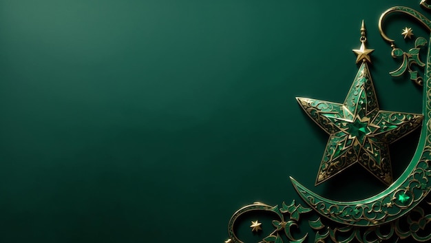 ornamento islamico stella e mezzaluna su sfondo verde scuro Sfondo con spazio per la copia