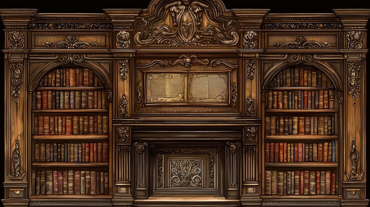 Ornate wooden bookcase with shelves full of books and a fireplace