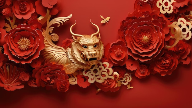 Oro drago con taglio in carta di tigre artigianale stile rosso fotorealistico su sfondo rosso
