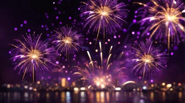 Oro e viola scuro Fuochi d'artificio e bokeh nella vigilia di Capodanno e copia spazio sfondo astratto vacanza