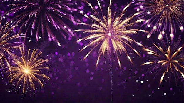 Oro e viola scuro Fuochi d'artificio e bokeh nella vigilia di Capodanno e copia spazio sfondo astratto vacanza