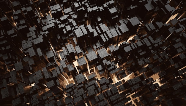 Oro futuristico e quadrati neri estrusi sfondo astratto rendering 3d