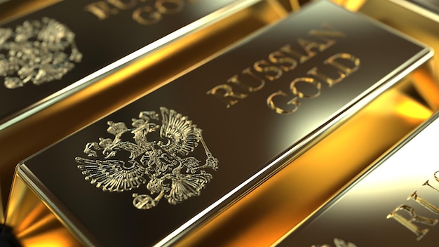 Oro in lingotti in un grande volume dell'iscrizione Russian gold gold fund 3d render