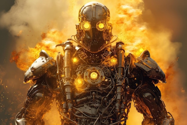 Oro Steampunk Cyborg On Smoke Steam Sparks Background AI generativa