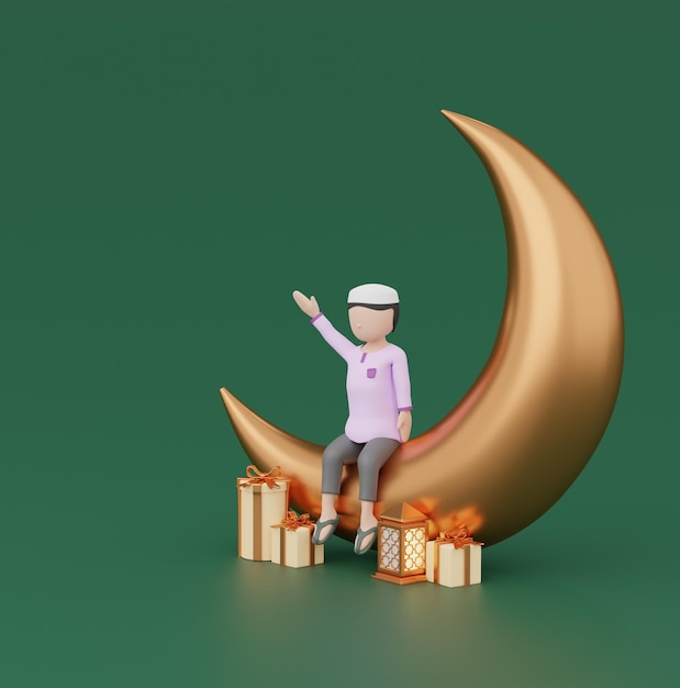 Oro verde Bellissimo oggetto 3D islamico moderno Ramadan e Eid Mubarak Al Fitr