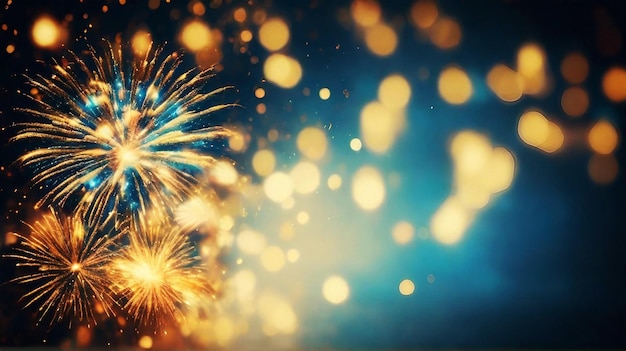Oro vintage e blu fuochi d'artificio e bokeh nella vigilia di Capodanno e spazio di copia sfondo astratto festivo