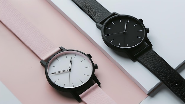 Orologi moderni eleganti su sfondo pastello eleganza semplice accessorio perfetto per la moda e il cronometraggio design minimalista AI