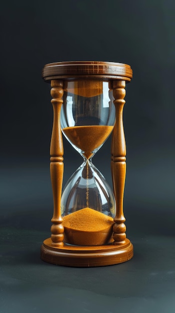 Orologia di sabbia in legno con sabbia dorata su sfondo scuro Gestione del tempo e concetto vintage