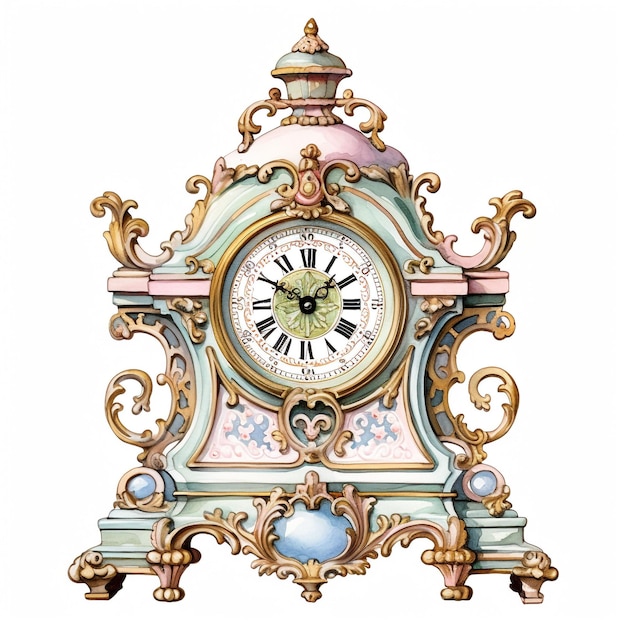 orologio bianco ad acquerello con ornamenti di Natale e fondo bianco di vischio v 52