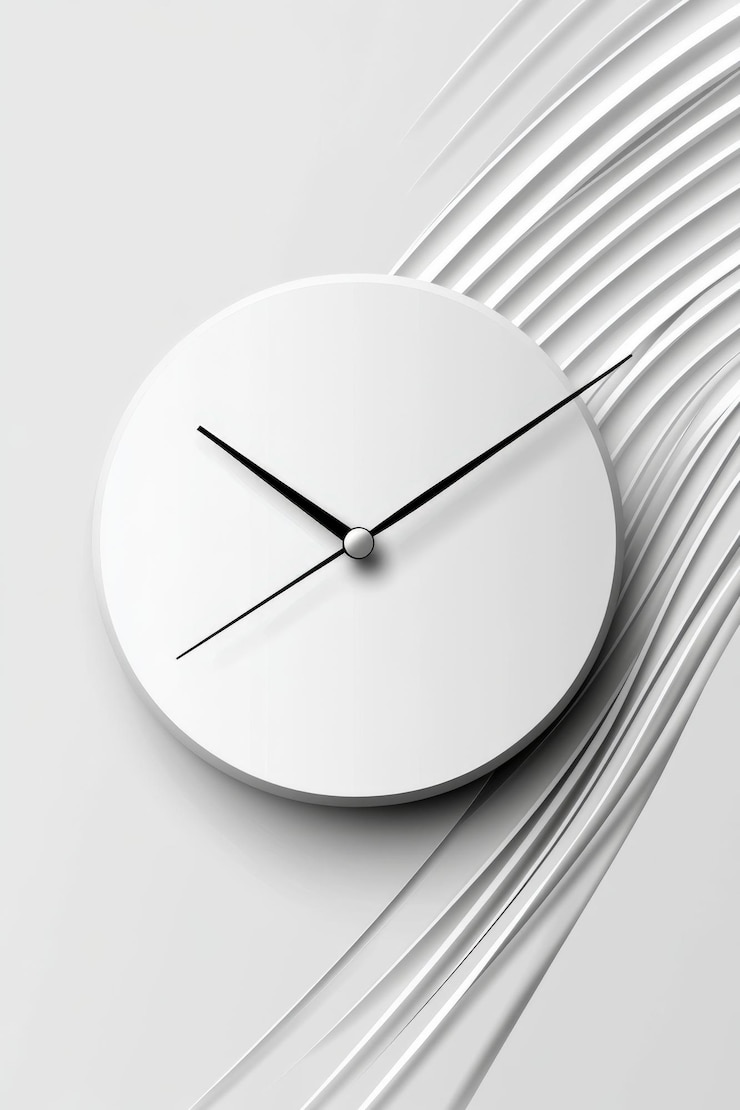 Orologio bianco minimalista su uno sfondo morbido e curvo in uno studio di design moderno