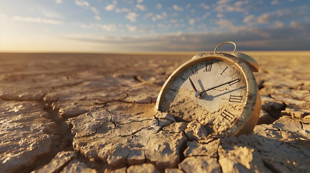 Orologio che si scioglie nell'arido deserto che simboleggia il tempo che sta finendo per affrontare i cambiamenti climatici