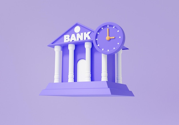 Orologio con edificio della banca galleggiante su sfondo viola concetto di deposito a tempo aperto bancario Finanza di investimento Risparmio di denaro transazione sicurezza cartone animato minimo 3d rendering illustrazione