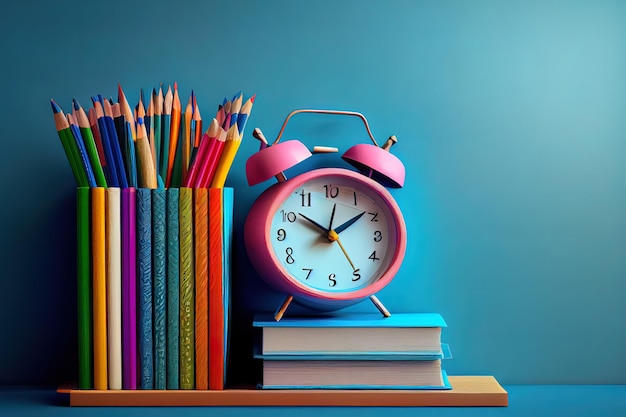 Orologio con libri in stile minimal Rendering 3d isolato Generativo Ai